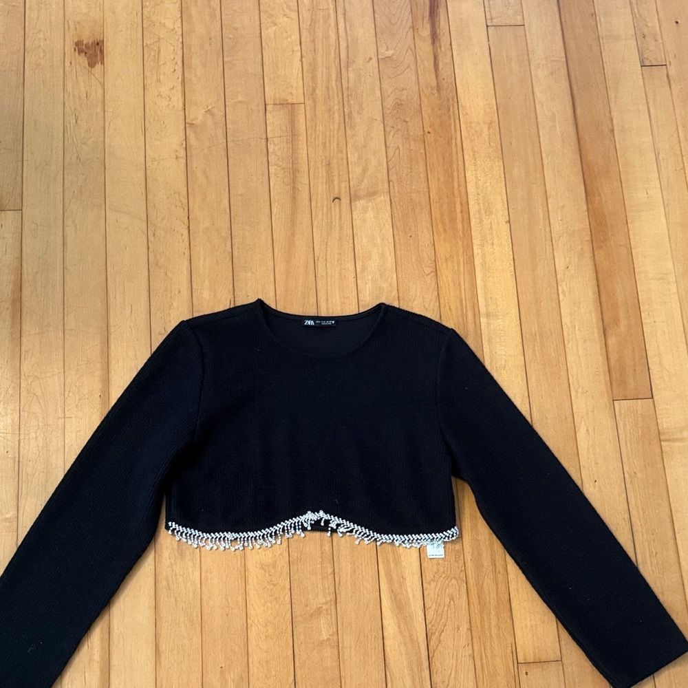 Zara Black Cropped Sweater with Jewel Fringe